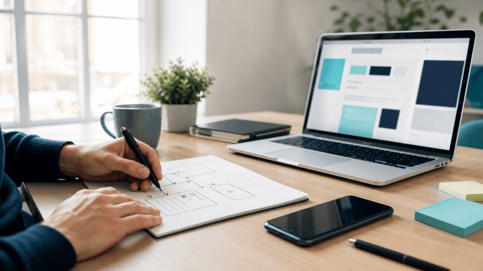 Skizze eines digitalen Nutzerflusses an einem Arbeitsplatz